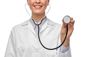 Image showing close up of smiling female doctor with stethoscope