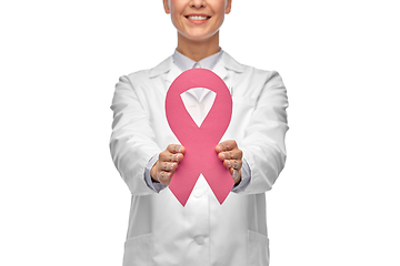 Image showing female doctor with breast cancer awareness ribbon