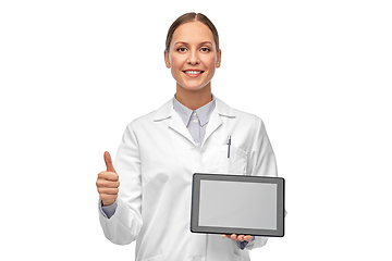 Image showing happy female doctor with tablet pc shows thumbs up