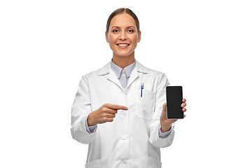 Image showing happy female doctor or scientist with smartphone