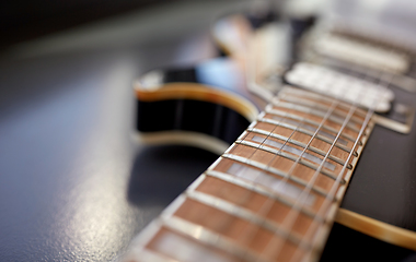 Image showing close up of bass guitar neck and strings