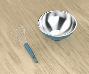 Image showing Balloon whisk and empty metal bowl
