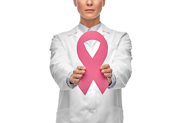 Image showing female doctor with breast cancer awareness ribbon