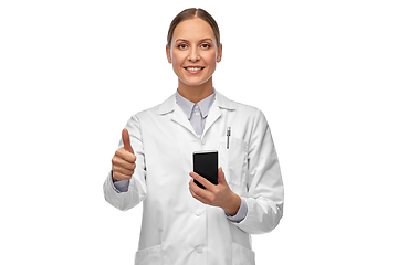 Image showing female doctor with smartphone showing thumbs up