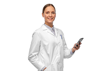 Image showing happy smiling female doctor with smartphone