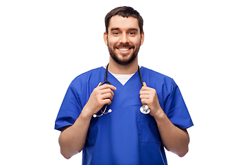 Image showing smiling doctor or male nurse with stethoscope