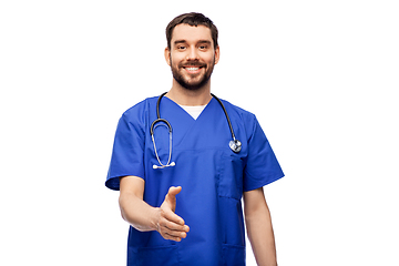 Image showing smiling male doctor giving hand for handshake