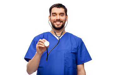 Image showing smiling male doctor or nurse with stethoscope