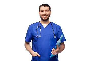 Image showing smiling doctor or male nurse with folder