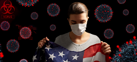 Image showing sick woman in face mask holding flag of america