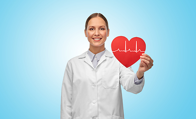 Image showing smiling female doctor with cardiogram on red heart