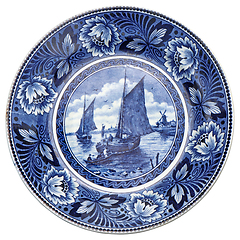 Image showing Old Blue and white ceramic plate with Dutch motifs as a souvenir