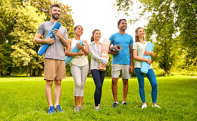 Image showing group of happy people with yoga mats at park