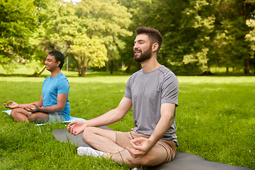 Image showing men meditating in lotus pose at summer park