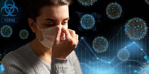 Image showing sick woman adjusting protective medical face mask