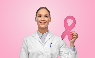 Image showing female doctor with breast cancer awareness ribbon