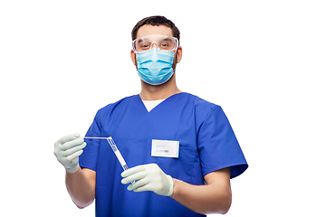 Image showing male doctor in mask with cotton swab and test tube