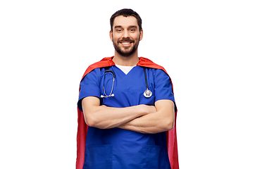 Image showing smiling doctor or male nurse in superhero cape