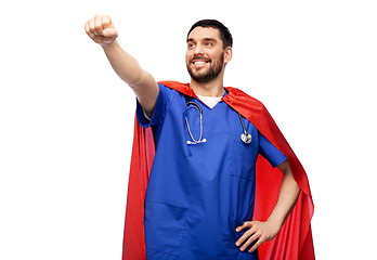 Image showing smiling doctor or male nurse in superhero cape