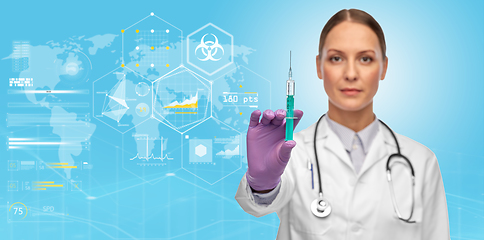 Image showing female doctor with syringe over world statistics