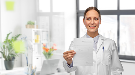 Image showing female doctor with prescription blank at hospital