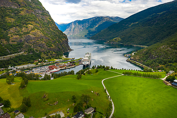 Image showing Aurlandsfjord Town Of Flam at dawn.