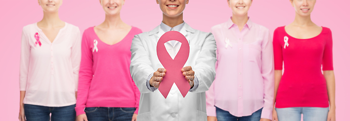 Image showing female doctor with breast cancer awareness ribbon