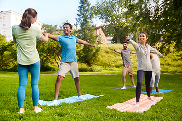 Image showing group of people doing yoga with instructor at park