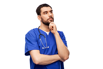 Image showing thinking doctor or male nurse with stethoscope