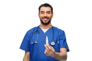 Image showing doctor or male nurse with medicine and stethoscope