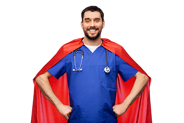 Image showing smiling doctor or male nurse in superhero cape