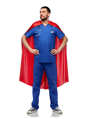 Image showing smiling doctor or male nurse in superhero cape