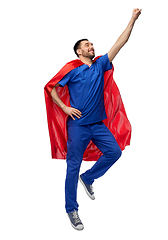 Image showing doctor or male nurse in superhero cape flying