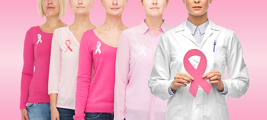 Image showing doctor and women with cancer awareness ribbons