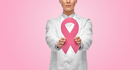 Image showing female doctor with breast cancer awareness ribbon