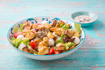 Image showing Healthy Grilled Chicken Caesar Salad with Cheese and Croutons