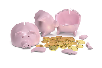 Image showing Broken piggy bank with gold coins
