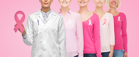 Image showing doctor and women with cancer awareness ribbons