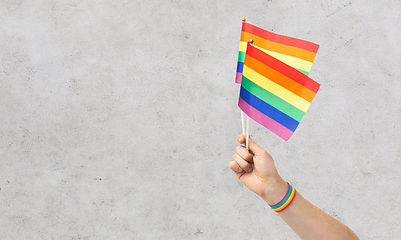 Image showing hand with gay pride rainbow flags and wristband