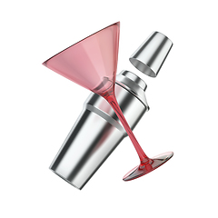Image showing Silver shaker and red cocktail glass