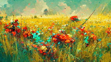 Image showing Wildflowers white daisies, red poppies and yellow beautiful flow