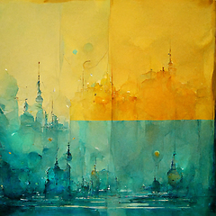 Image showing Abstract city buildings on yellow and blue watercolor painting b