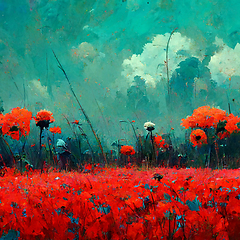 Image showing Beautiful poppy field and cloudy sky. Spring flower background, 