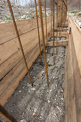 Image showing Reinforcement of a shallowly buried strip foundation of a low-rise residential building, the trench is covered with earth