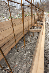 Image showing Close-up of the reinforcement of a shallowly buried strip foundation of a low-rise residential building