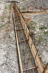 Image showing Fragment of reinforcement of a shallowly buried strip foundation of a low-rise residential building