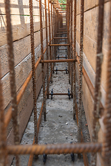 Image showing Tied rebar and mounted formwork close-up, view inside the trench