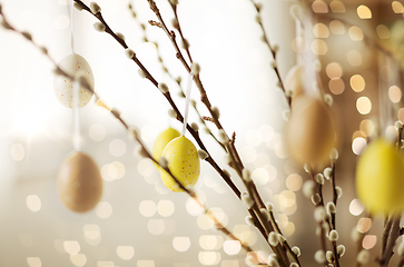 Image showing close up of pussy willow decorated by easter eggs