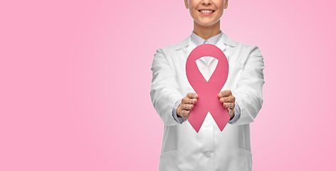 Image showing female doctor with breast cancer awareness ribbon