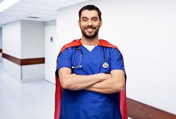 Image showing doctor or male nurse in superhero cape at hospital